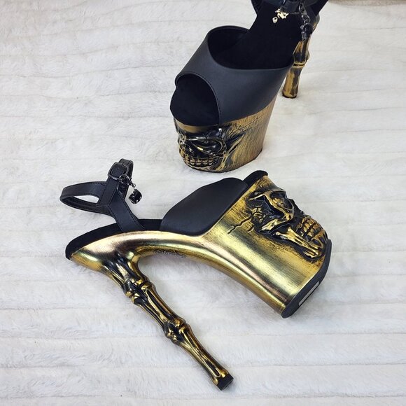 Gold / Brass Skull & Bones Red LED Platform 8" Heels Pole Shoes Vortex - Picture 14 of 14